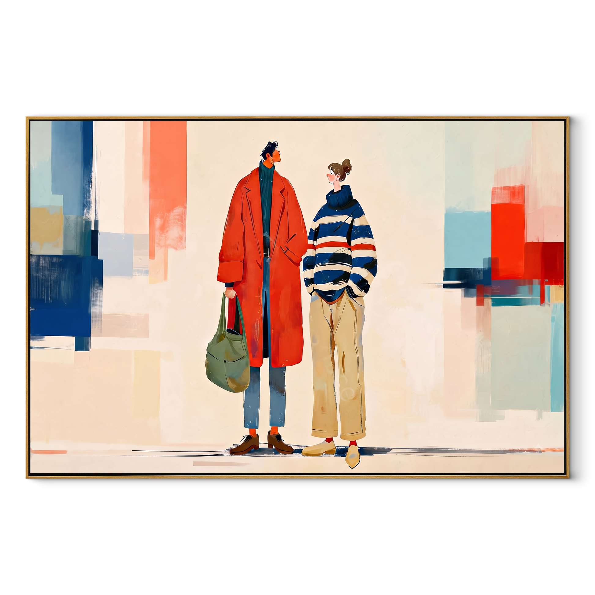 Red Coat Crosses City - modern fashion pair painting by Elliot Vale, modern figurative horizontal wall art - wood frame on white background