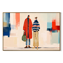 Red Coat Crosses City - modern fashion pair painting by Elliot Vale, modern figurative horizontal wall art - wood frame on white background