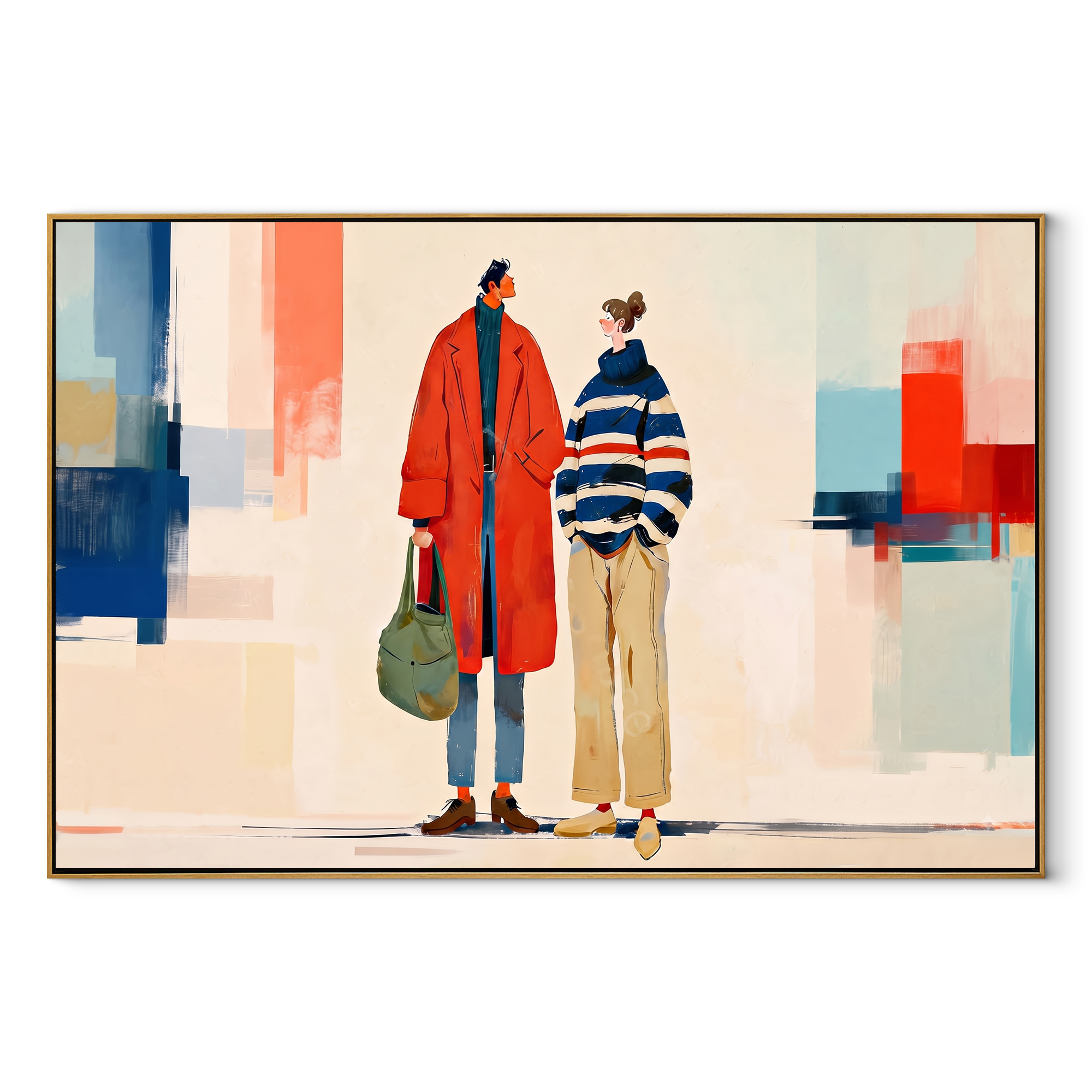Red Coat Crosses City - modern fashion pair painting by Elliot Vale, modern figurative horizontal wall art - wood frame on white background