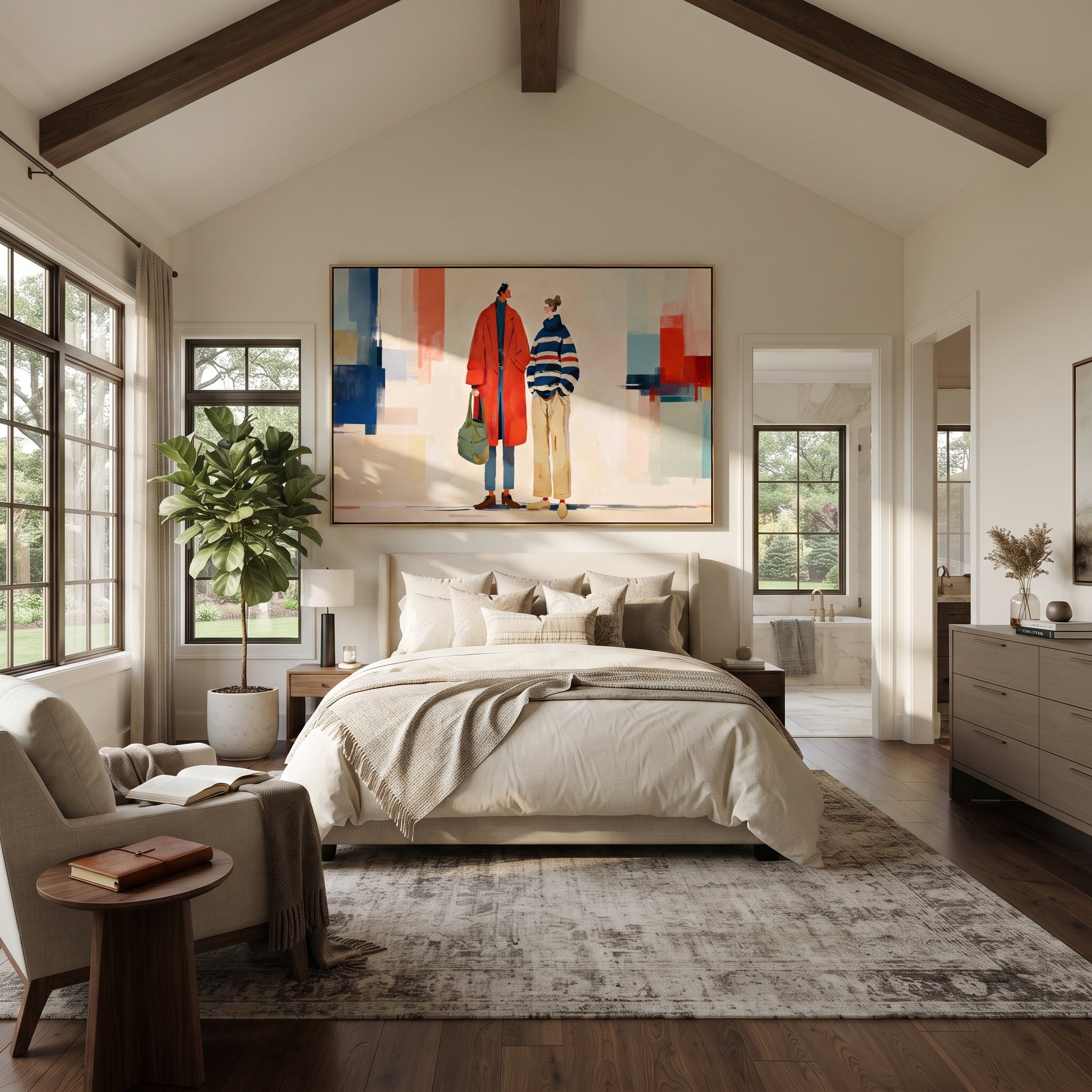 Red Coat Crosses City - modern fashion pair painting by Elliot Vale, modern figurative horizontal wall art - styled room scene view 2