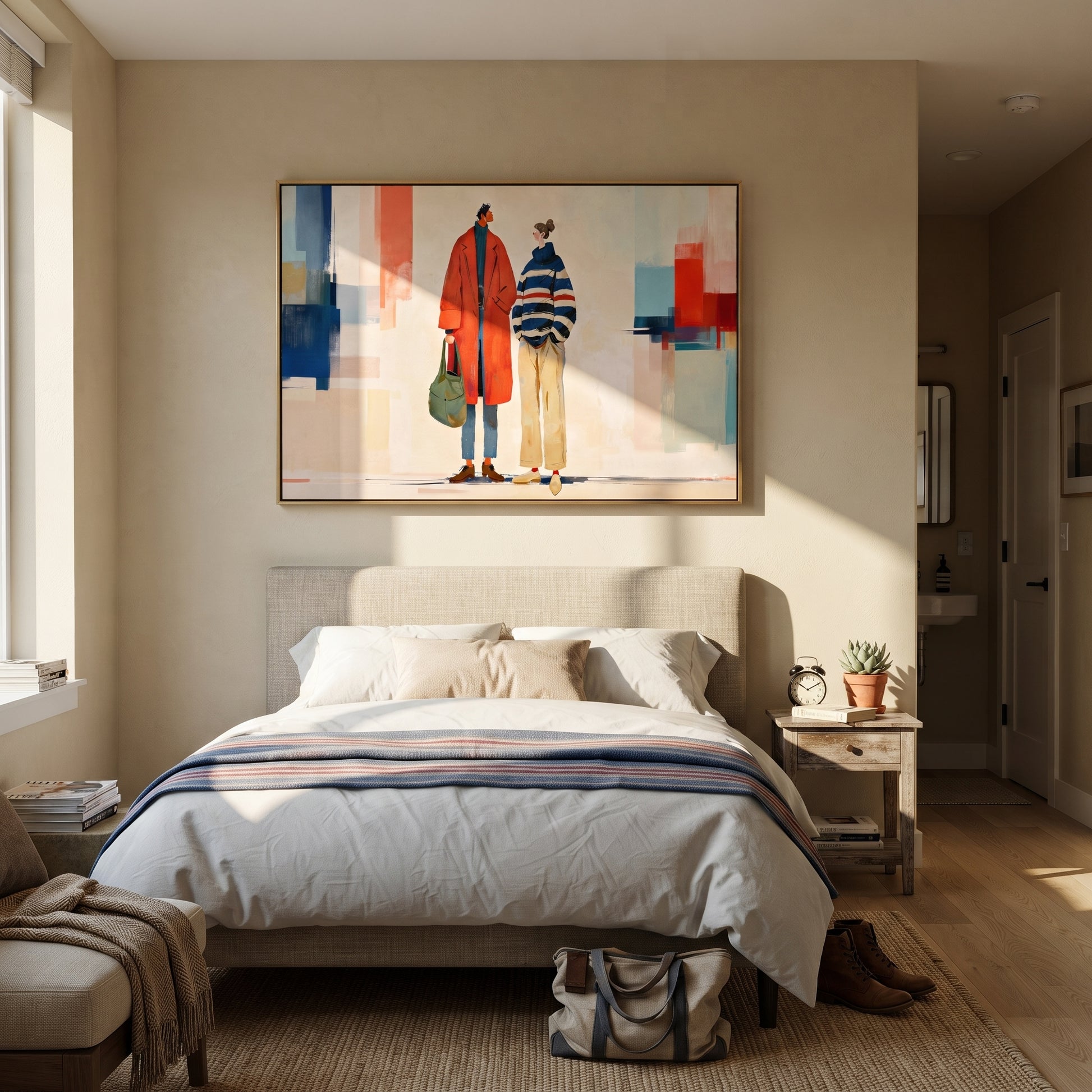 Red Coat Crosses City - modern fashion pair painting by Elliot Vale, modern figurative horizontal wall art - styled room scene view 3