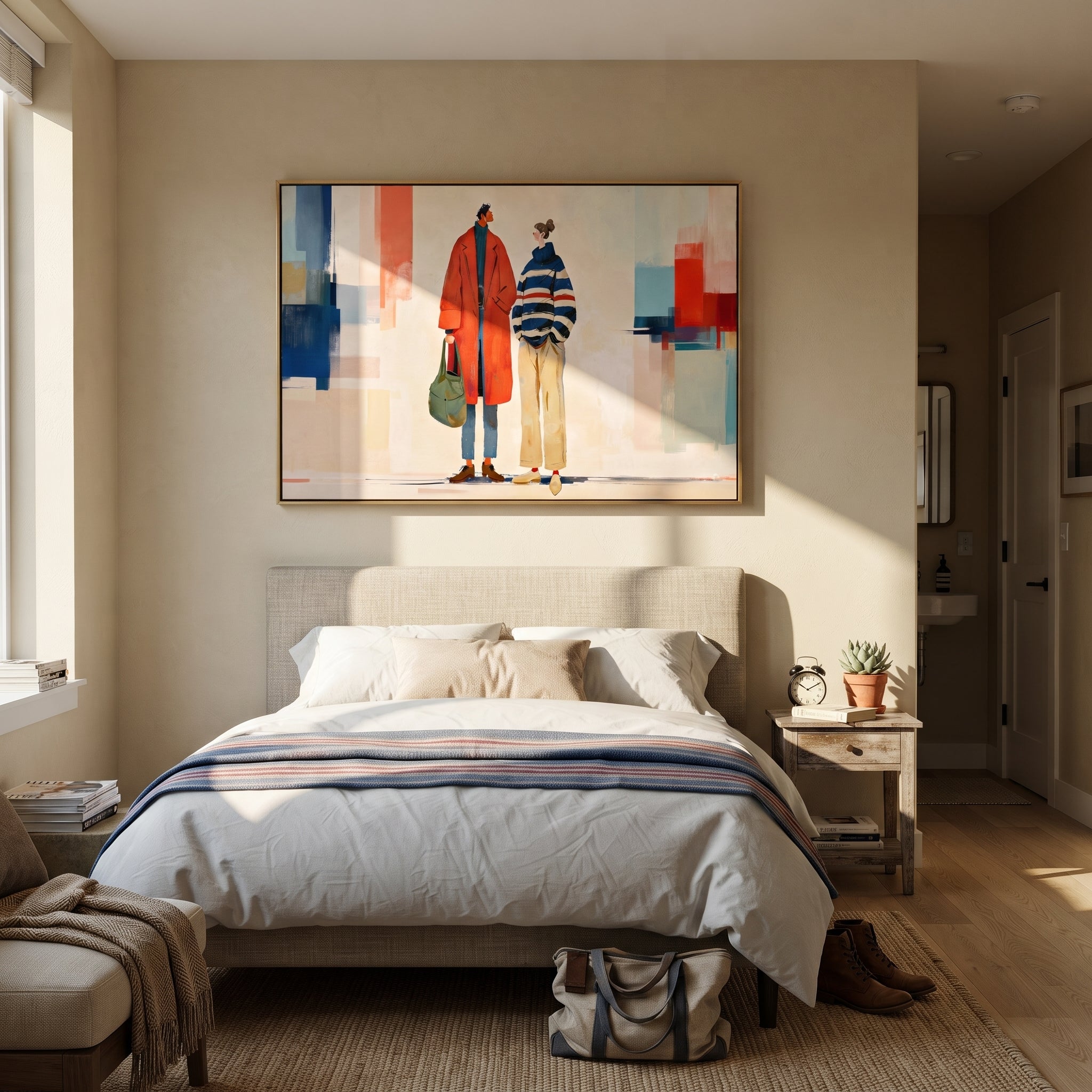 Red Coat Crosses City - modern fashion pair painting by Elliot Vale, modern figurative horizontal wall art - styled room scene view 3
