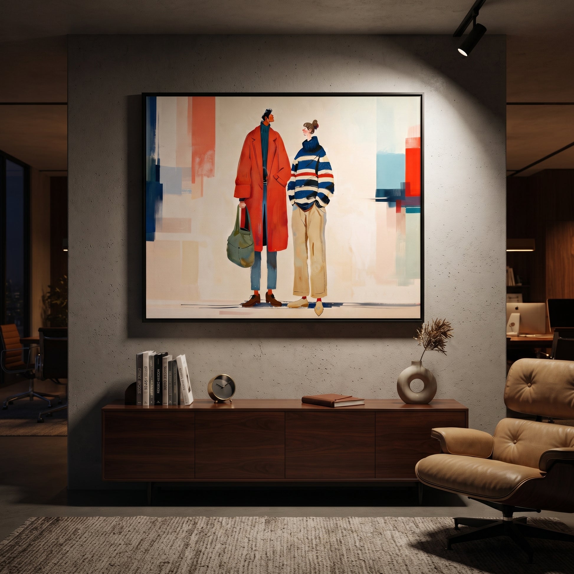 Red Coat Crosses City - modern fashion pair painting by Elliot Vale, modern figurative horizontal wall art - styled room scene view 4