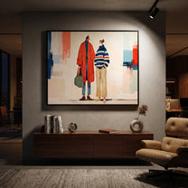 Red Coat Crosses City - modern fashion pair painting by Elliot Vale, modern figurative horizontal wall art - styled room scene view 4