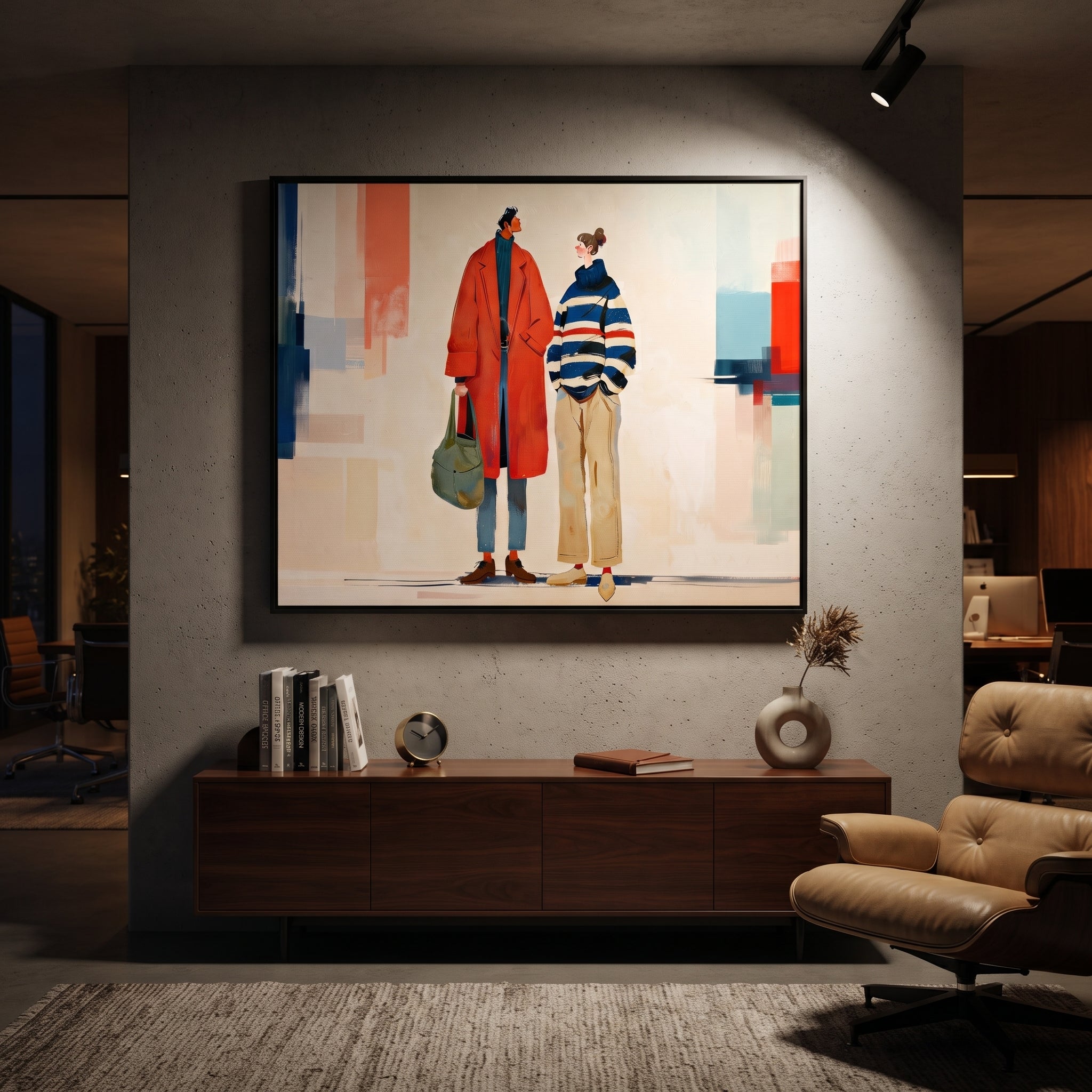 Red Coat Crosses City - modern fashion pair painting by Elliot Vale, modern figurative horizontal wall art - styled room scene view 4