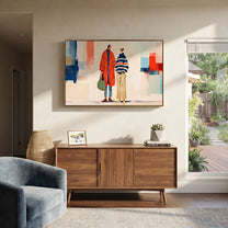 Red Coat Crosses City - modern fashion pair painting by Elliot Vale, modern figurative horizontal wall art - styled room scene view 5
