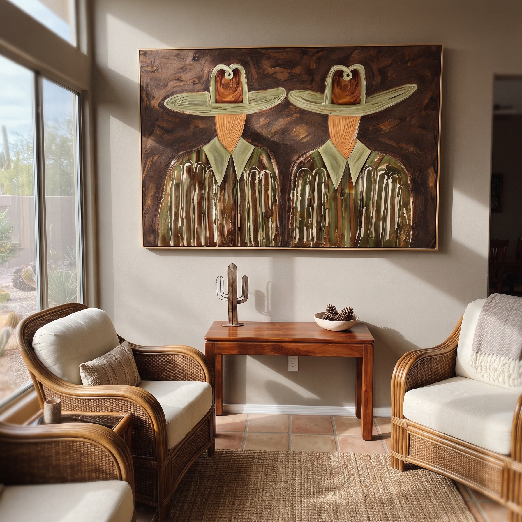 Green Hats Watch Together - owl hat figure pair painting by Elliot Vale, modern figurative horizontal wall art - styled room scene view 1
