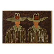 Green Hats Watch Together - owl hat figure pair painting by Elliot Vale, modern figurative horizontal wall art - wood frame on white background