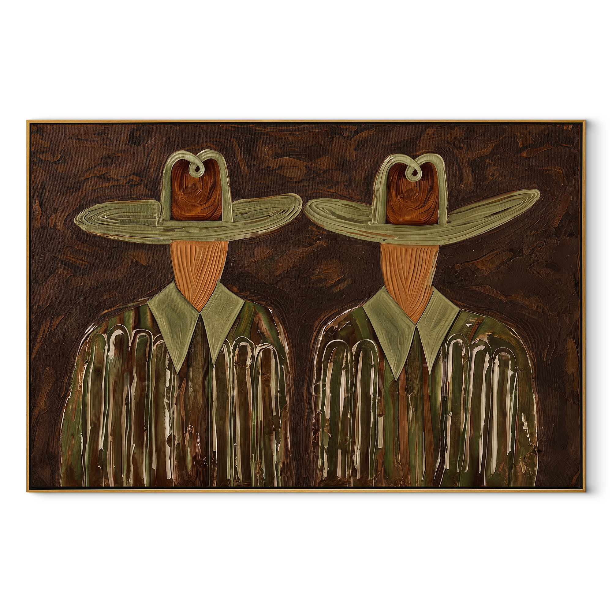 Green Hats Watch Together - owl hat figure pair painting by Elliot Vale, modern figurative horizontal wall art - wood frame on white background