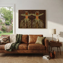 Green Hats Watch Together - owl hat figure pair painting by Elliot Vale, modern figurative horizontal wall art - styled room scene view 3