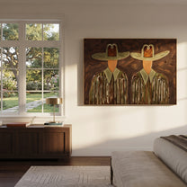 Green Hats Watch Together - owl hat figure pair painting by Elliot Vale, modern figurative horizontal wall art - styled room scene view 4
