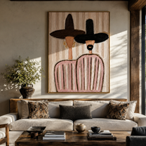 Dark Brims Share Blush - pink striped figure pair painting by Elliot Vale, modern figurative vertical wall art - styled room scene view 1