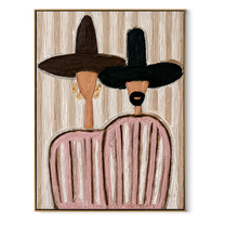 Dark Brims Share Blush - pink striped figure pair painting by Elliot Vale, modern figurative vertical wall art - wood frame on white background