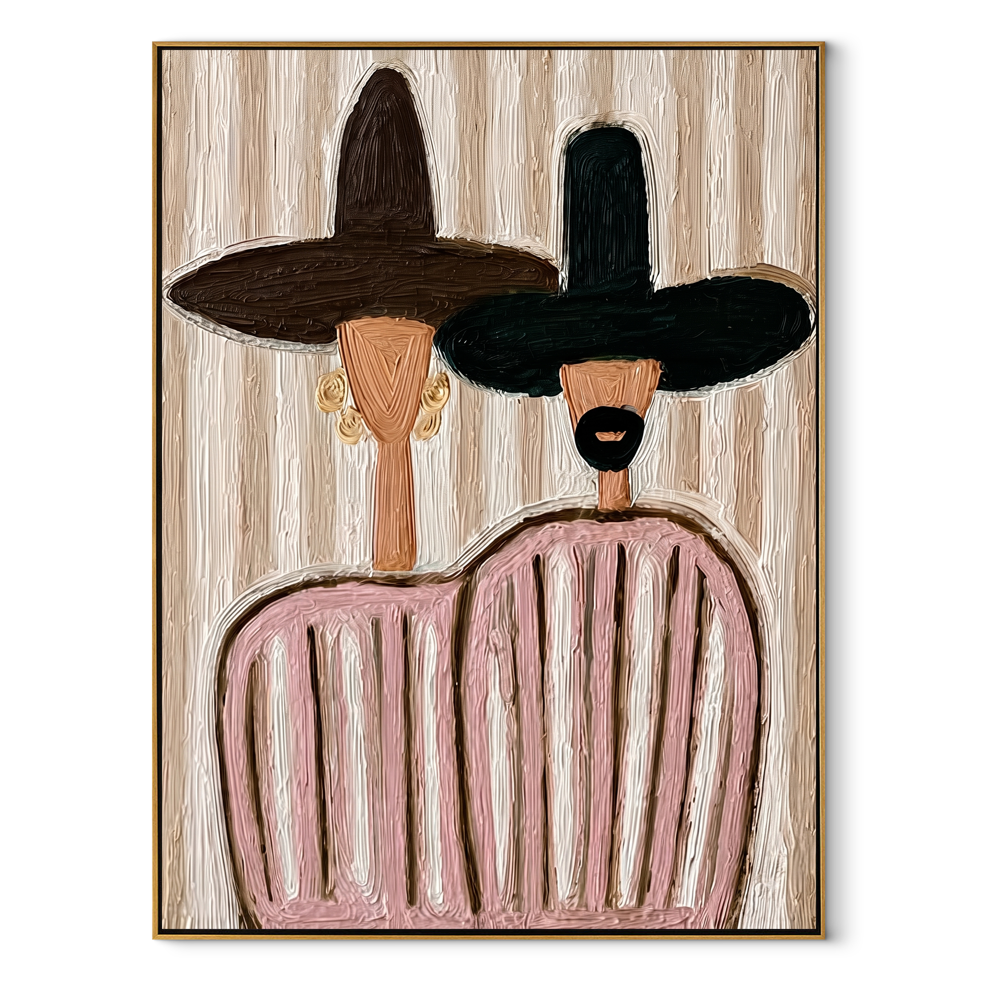 Dark Brims Share Blush - pink striped figure pair painting by Elliot Vale, modern figurative vertical wall art - wood frame on white background