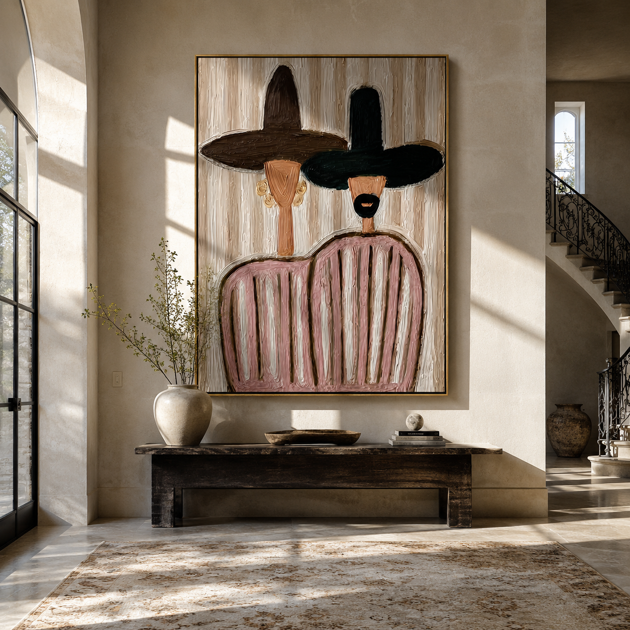 Dark Brims Share Blush - pink striped figure pair painting by Elliot Vale, modern figurative vertical wall art - styled room scene view 2
