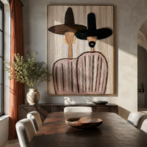 Dark Brims Share Blush - pink striped figure pair painting by Elliot Vale, modern figurative vertical wall art - styled room scene view 3