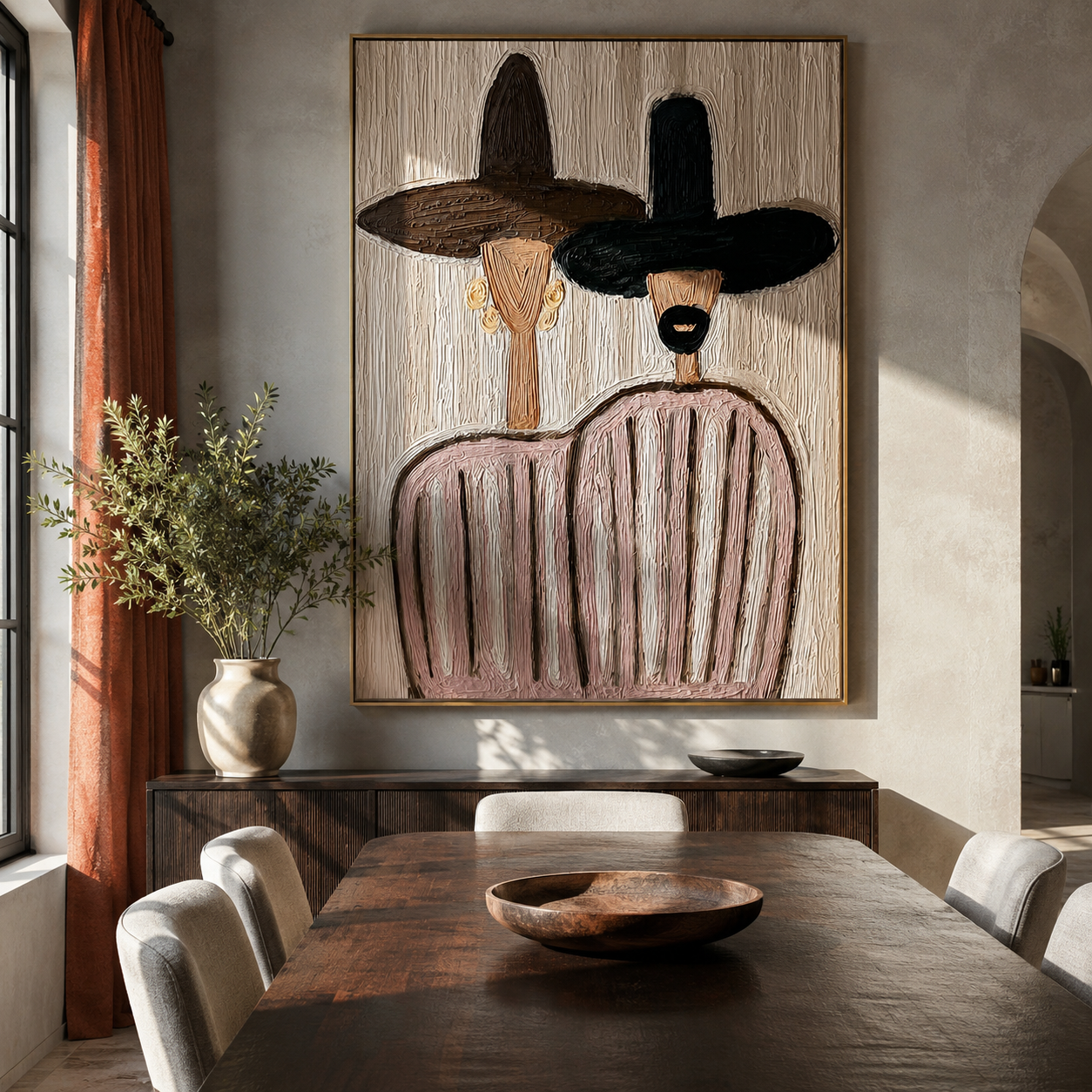 Dark Brims Share Blush - pink striped figure pair painting by Elliot Vale, modern figurative vertical wall art - styled room scene view 3
