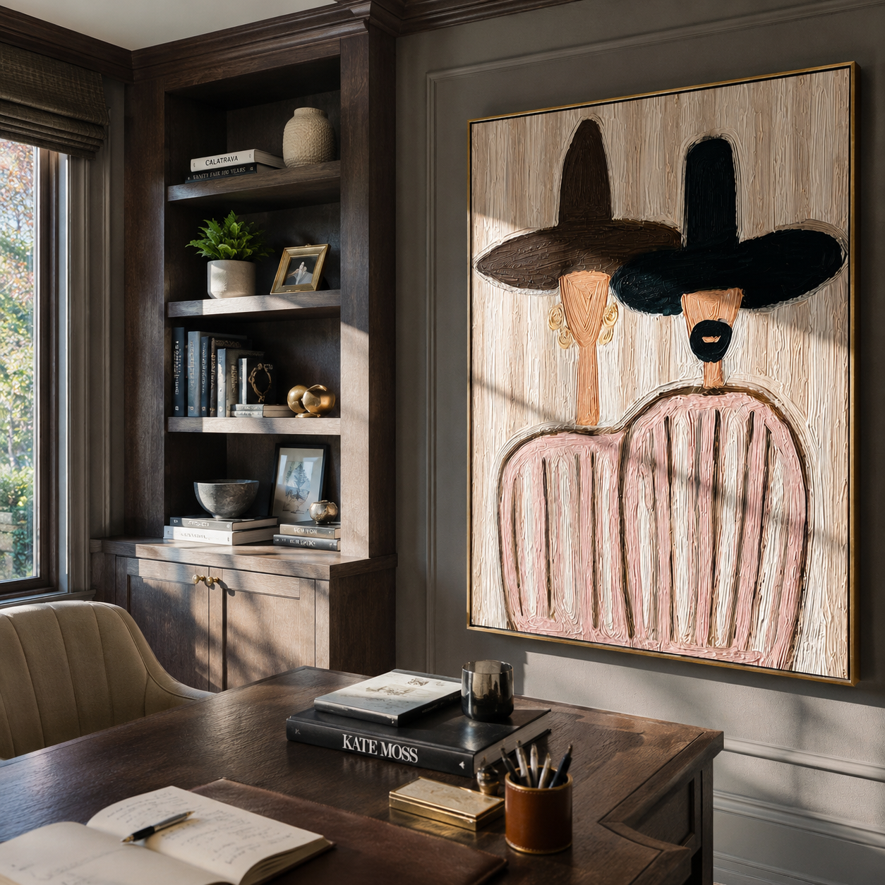 Dark Brims Share Blush - pink striped figure pair painting by Elliot Vale, modern figurative vertical wall art - styled room scene view 4