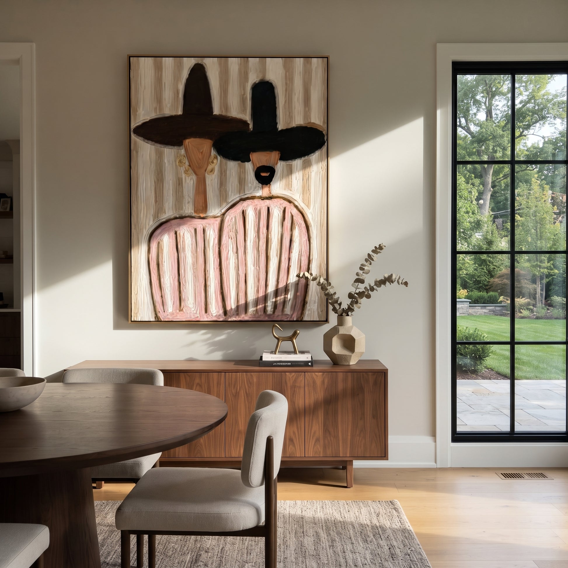 Dark Brims Share Blush - pink striped figure pair painting by Elliot Vale, modern figurative vertical wall art - styled room scene view 5