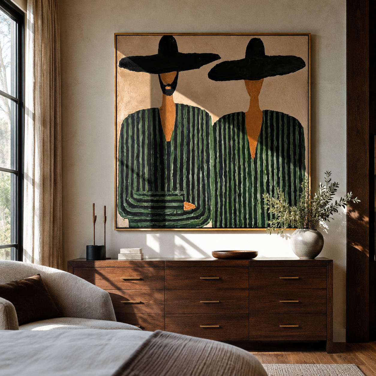 One Beard Breaks Stripes - green striped figure pair painting by Elliot Vale, modern figurative square wall art - styled room scene view 1