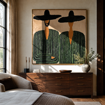 One Beard Breaks Stripes - green striped figure pair painting by Elliot Vale, modern figurative square wall art - styled room scene view 1