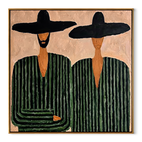 One Beard Breaks Stripes - green striped figure pair painting by Elliot Vale, modern figurative square wall art - wood frame on white background