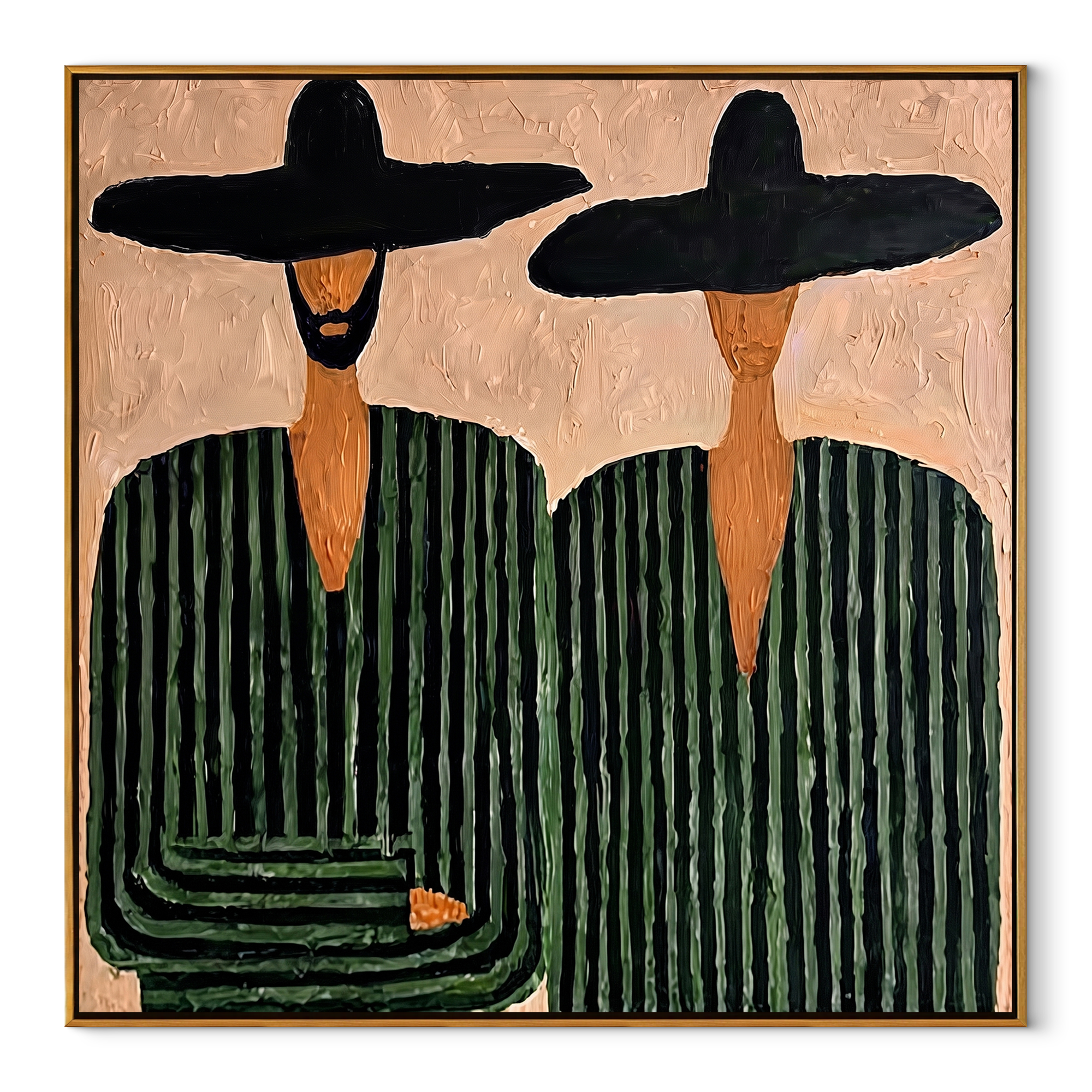 One Beard Breaks Stripes - green striped figure pair painting by Elliot Vale, modern figurative square wall art - wood frame on white background