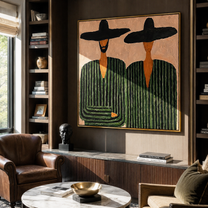 One Beard Breaks Stripes - green striped figure pair painting by Elliot Vale, modern figurative square wall art - styled room scene view 2