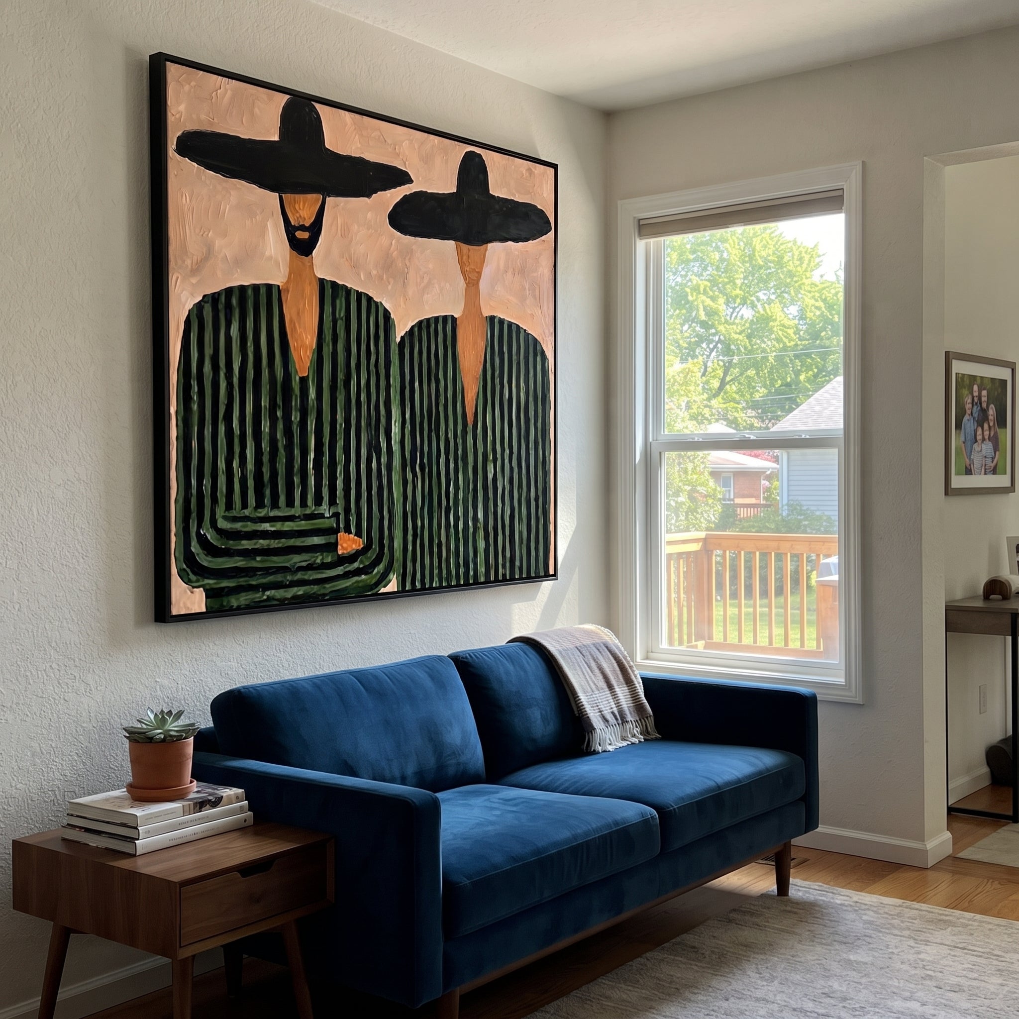 One Beard Breaks Stripes - green striped figure pair painting by Elliot Vale, modern figurative square wall art - styled room scene view 3