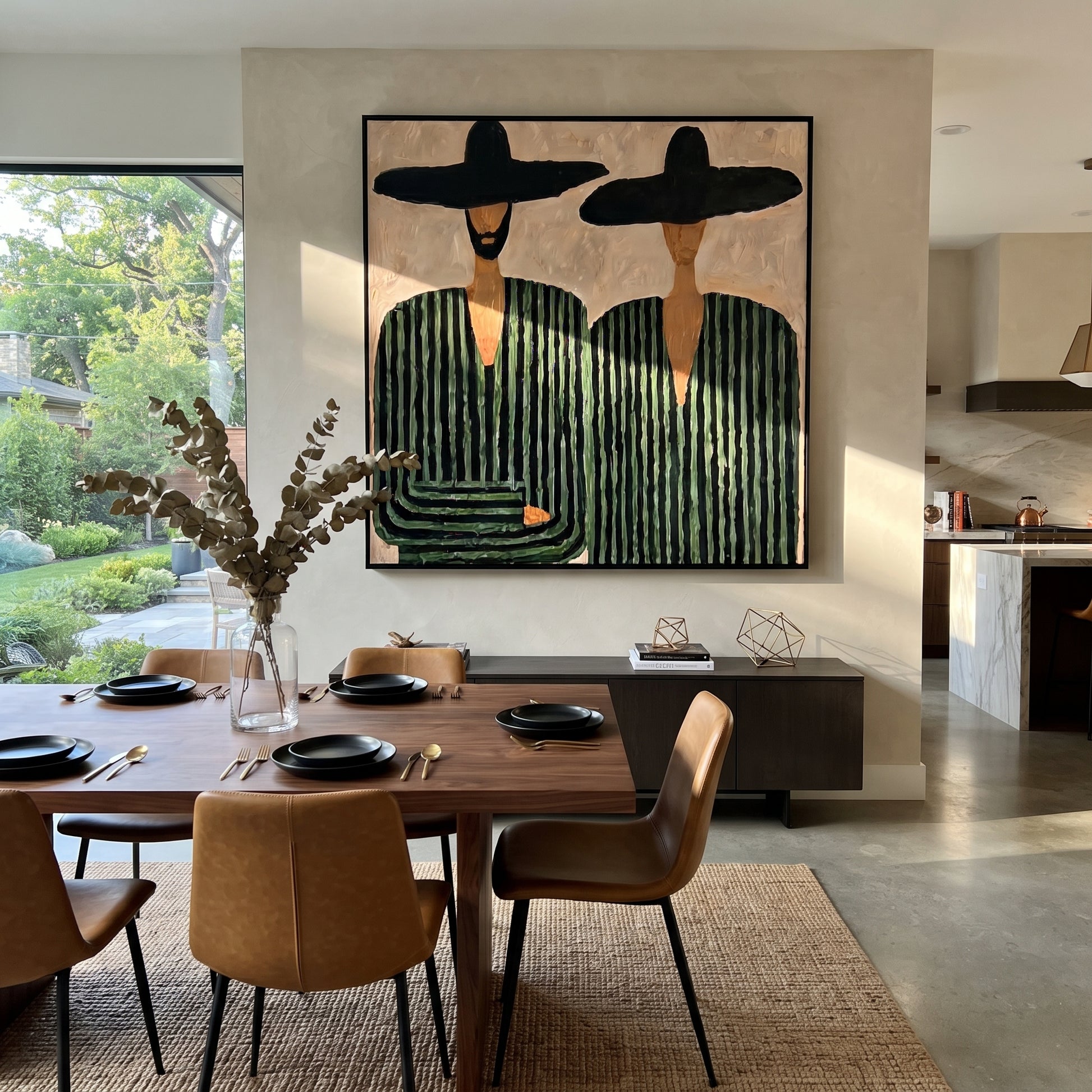 One Beard Breaks Stripes - green striped figure pair painting by Elliot Vale, modern figurative square wall art - styled room scene view 4