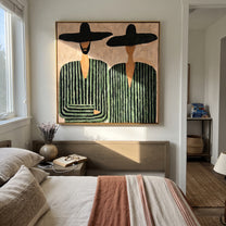One Beard Breaks Stripes - green striped figure pair painting by Elliot Vale, modern figurative square wall art - styled room scene view 5