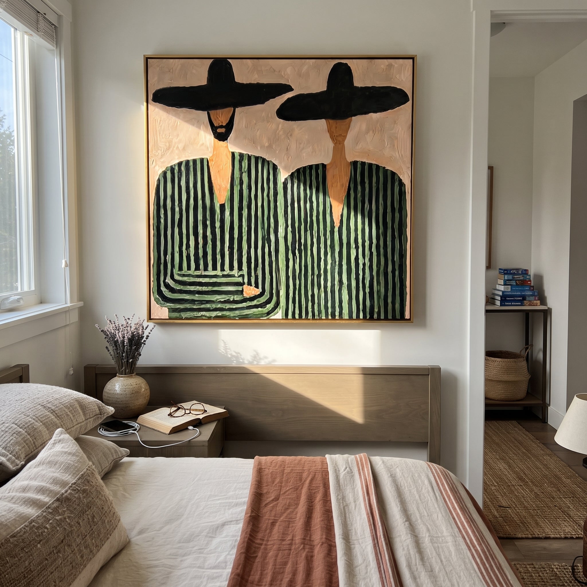 One Beard Breaks Stripes - green striped figure pair painting by Elliot Vale, modern figurative square wall art - styled room scene view 5