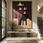 Mauve Figure Watches Blue - seated western figure pair painting by Elliot Vale, modern figurative vertical wall art - styled room scene view 1