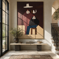 Mauve Figure Watches Blue - seated western figure pair painting by Elliot Vale, modern figurative vertical wall art - styled room scene view 1