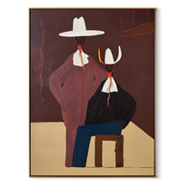 Mauve Figure Watches Blue - seated western figure pair painting by Elliot Vale, modern figurative vertical wall art - wood frame on white background