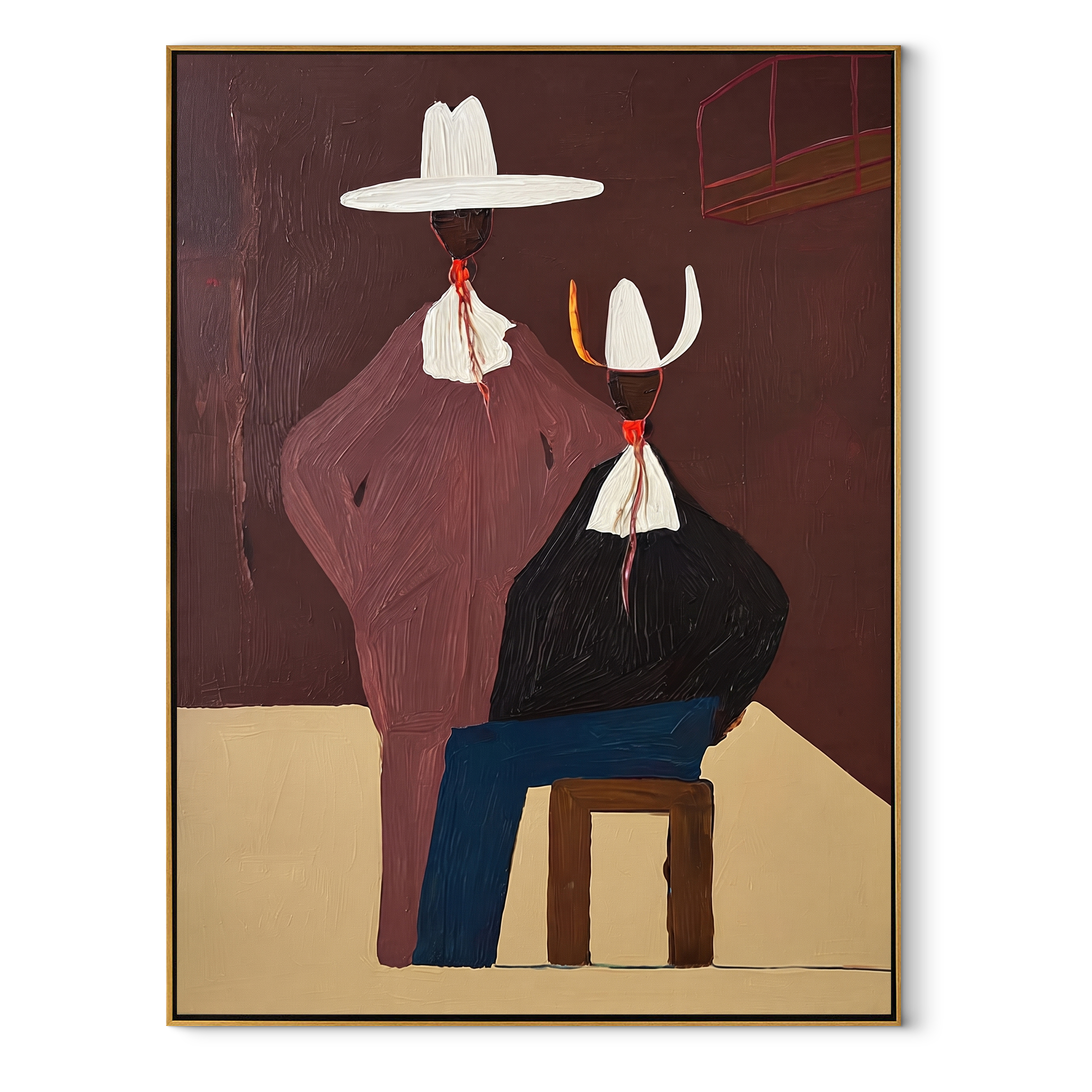 Mauve Figure Watches Blue - seated western figure pair painting by Elliot Vale, modern figurative vertical wall art - wood frame on white background