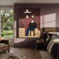 Mauve Figure Watches Blue - seated western figure pair painting by Elliot Vale, modern figurative vertical wall art - styled room scene view 3