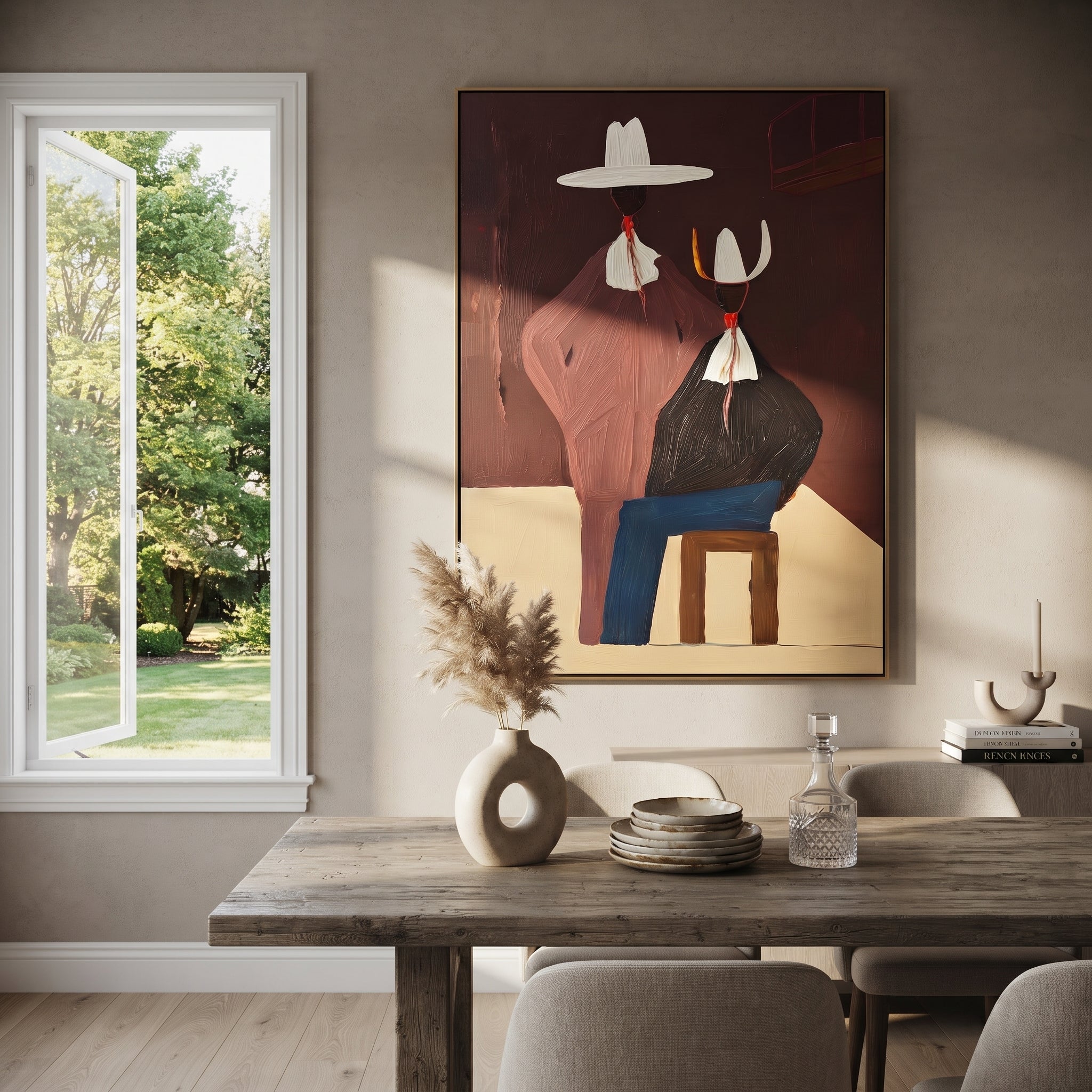 Mauve Figure Watches Blue - seated western figure pair painting by Elliot Vale, modern figurative vertical wall art - styled room scene view 4