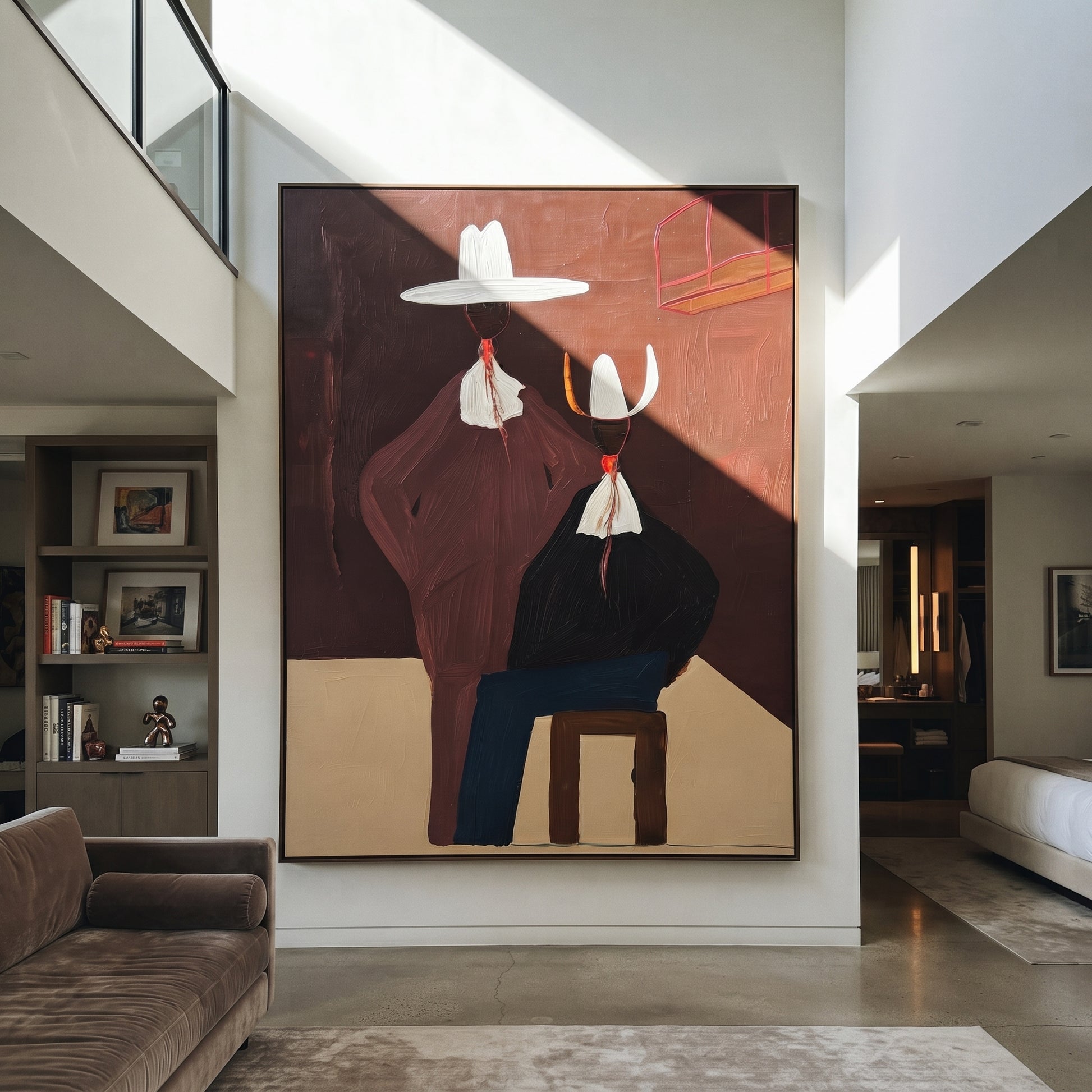 Mauve Figure Watches Blue - seated western figure pair painting by Elliot Vale, modern figurative vertical wall art - styled room scene view 5