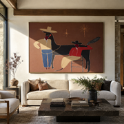 Three Shadows Share Rope - cowboy horse companion painting by Elliot Vale, modern figurative horizontal wall art - styled room scene view 1