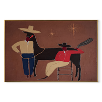 Three Shadows Share Rope - cowboy horse companion painting by Elliot Vale, modern figurative horizontal wall art - wood frame on white background
