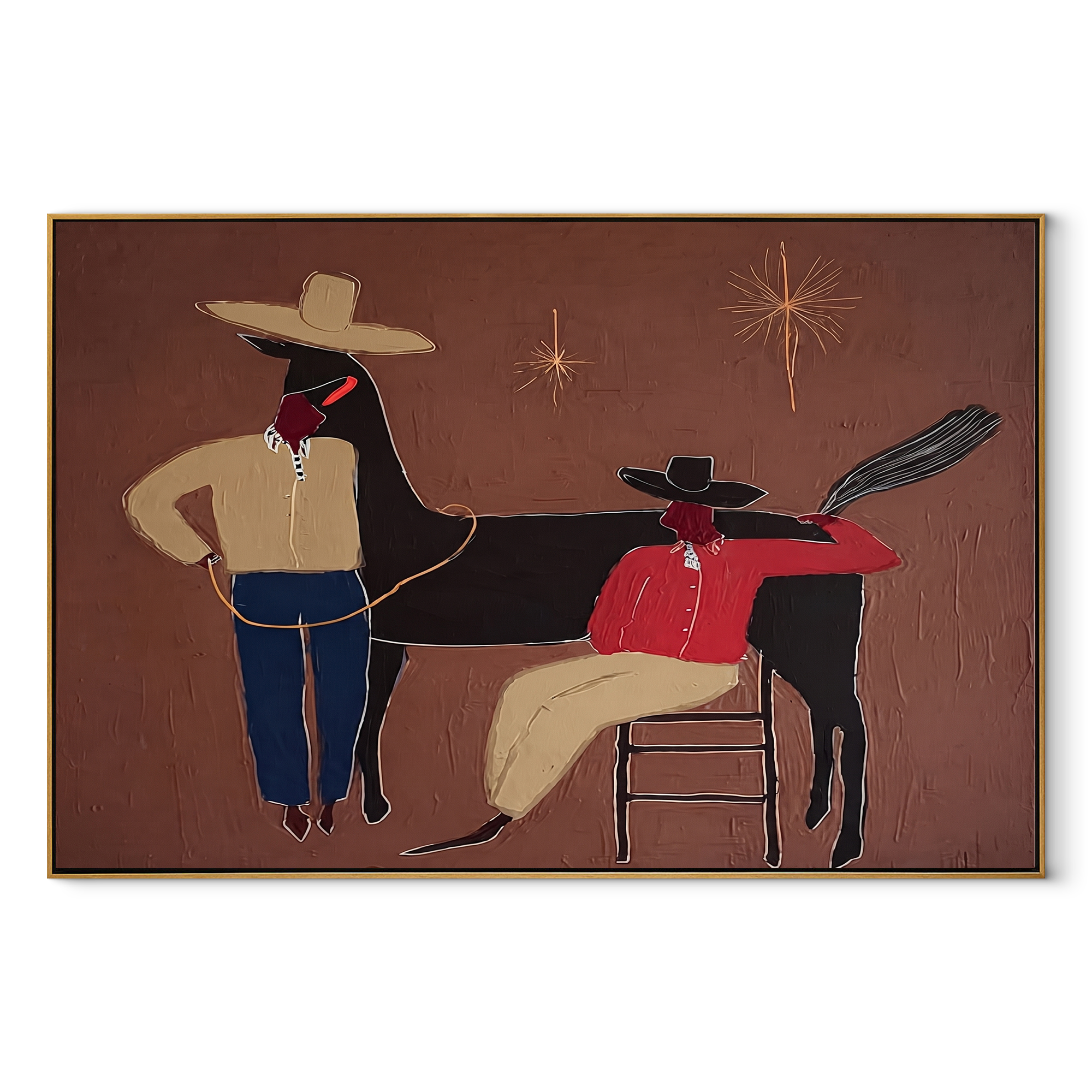 Three Shadows Share Rope - cowboy horse companion painting by Elliot Vale, modern figurative horizontal wall art - wood frame on white background