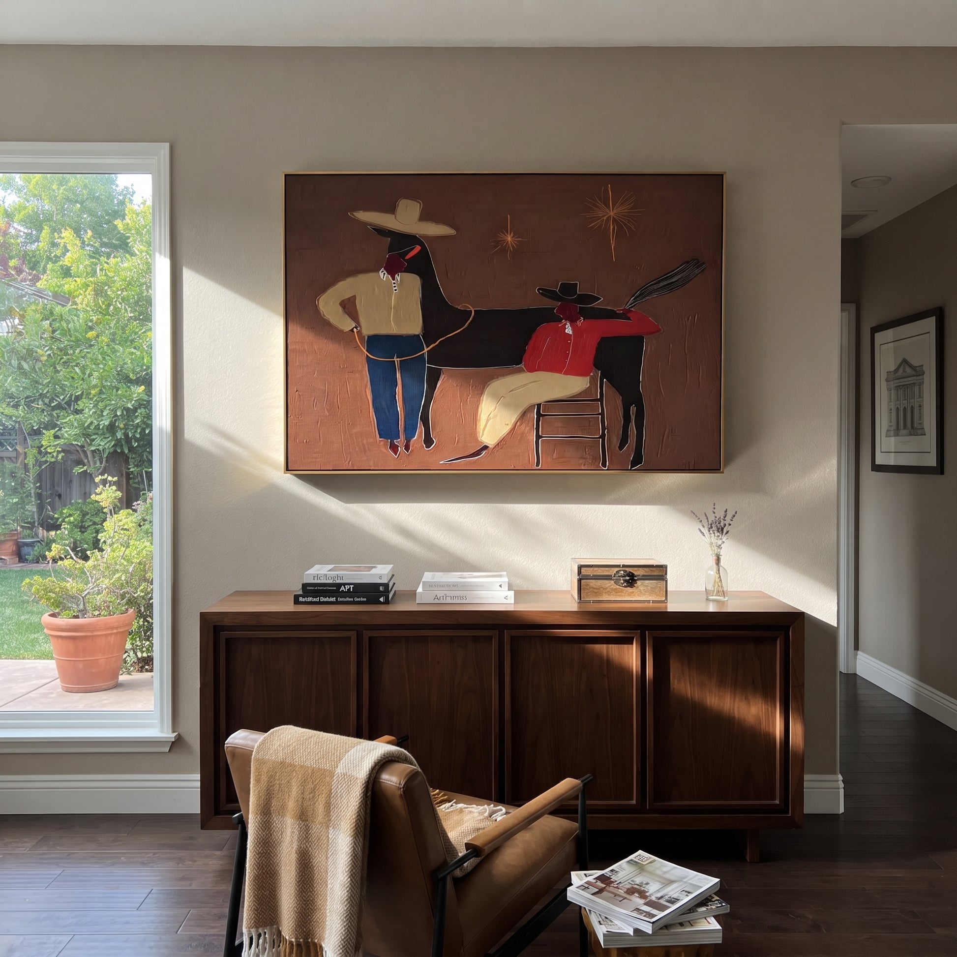 Three Shadows Share Rope - cowboy horse companion painting by Elliot Vale, modern figurative horizontal wall art - styled room scene view 2