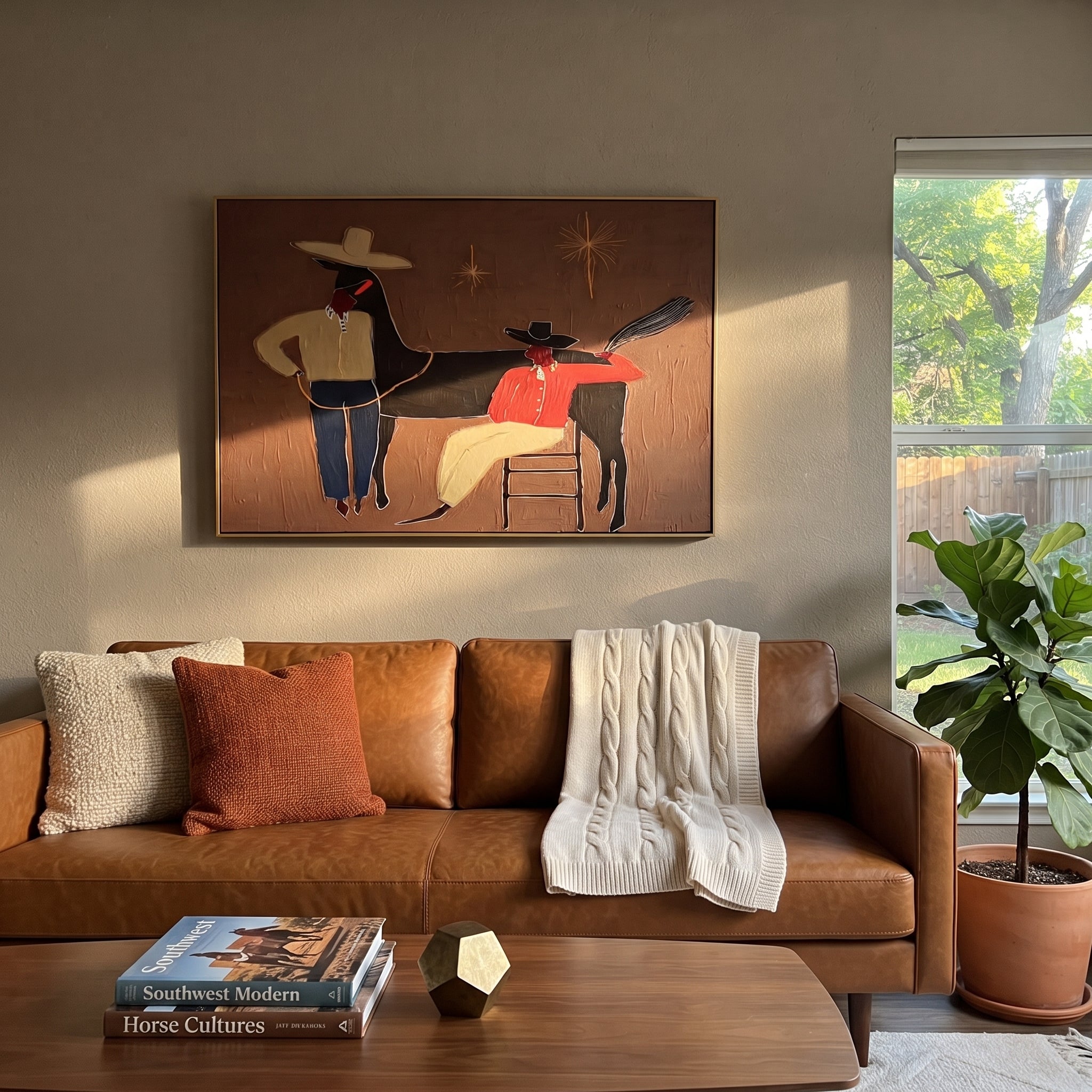 Three Shadows Share Rope - cowboy horse companion painting by Elliot Vale, modern figurative horizontal wall art - styled room scene view 3