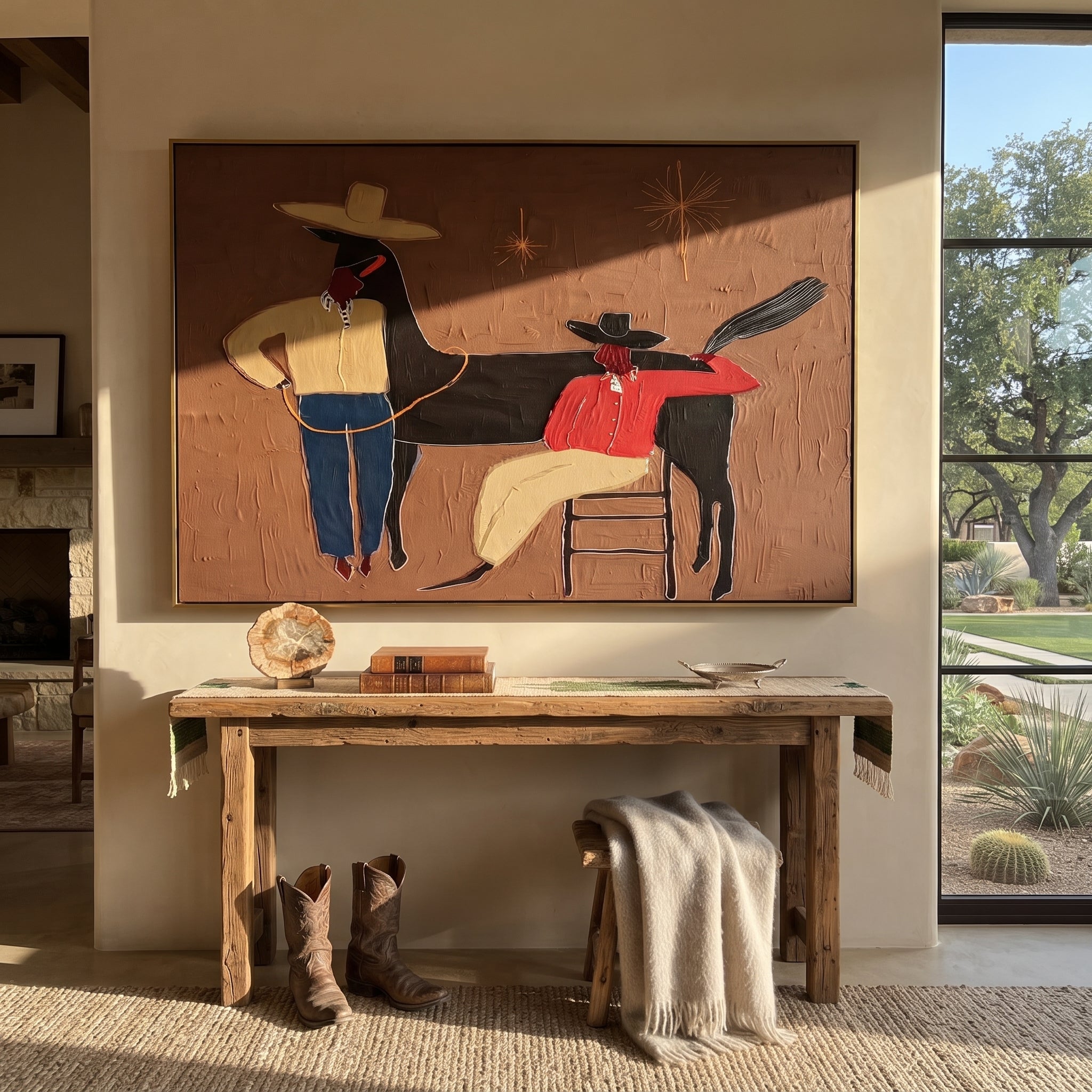 Three Shadows Share Rope - cowboy horse companion painting by Elliot Vale, modern figurative horizontal wall art - styled room scene view 4