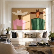 Angular Hats Divide Sand - geometric striped figure pair painting by Elliot Vale, modern figurative horizontal wall art - styled room scene view 1