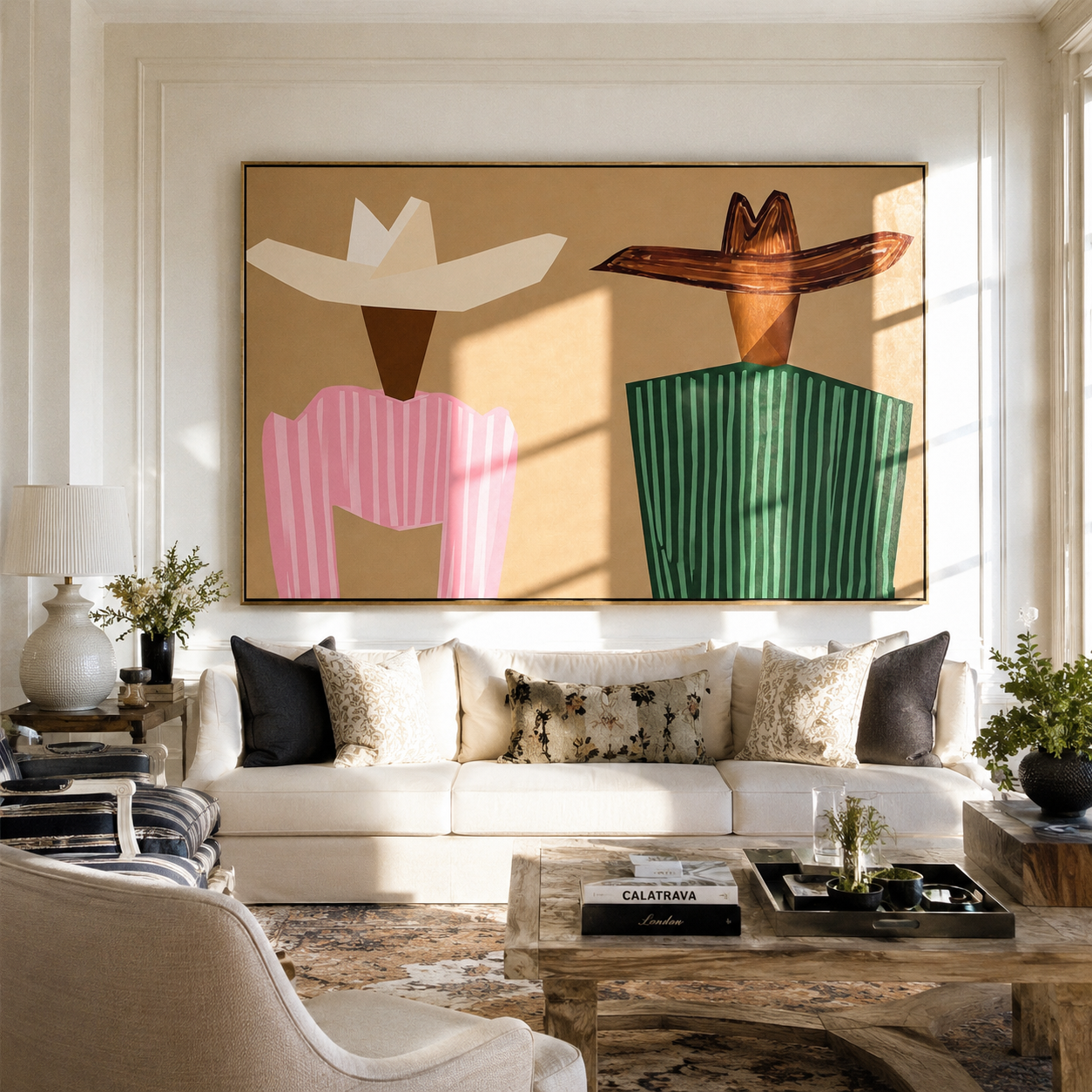 Angular Hats Divide Sand - geometric striped figure pair painting by Elliot Vale, modern figurative horizontal wall art - styled room scene view 1