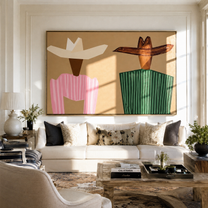 Angular Hats Divide Sand - geometric striped figure pair painting by Elliot Vale, modern figurative horizontal wall art - styled room scene view 1