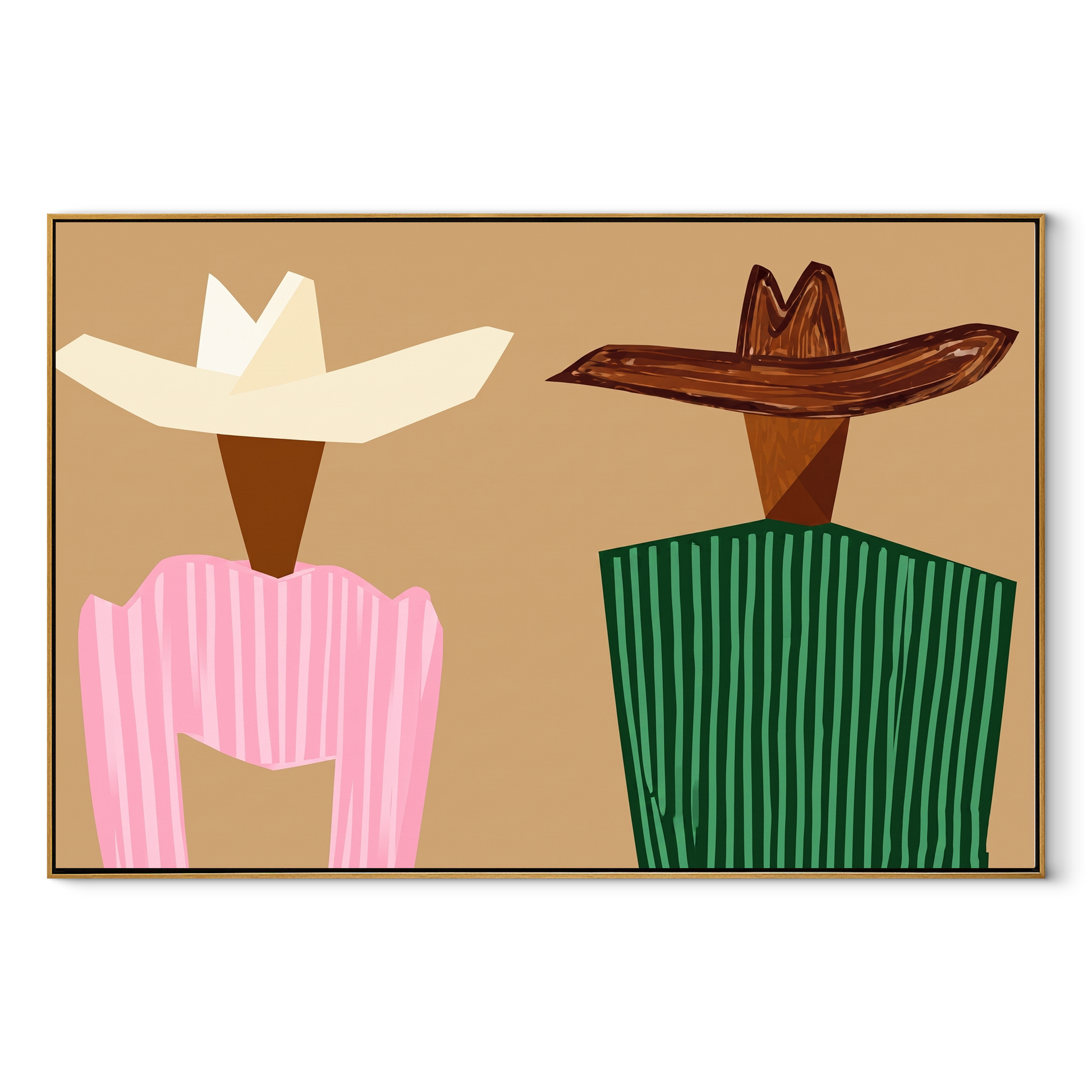 Angular Hats Divide Sand - geometric striped figure pair painting by Elliot Vale, modern figurative horizontal wall art - wood frame on white background