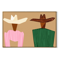 Angular Hats Divide Sand - geometric striped figure pair painting by Elliot Vale, modern figurative horizontal wall art - wood frame on white background